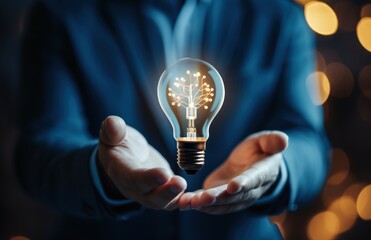 Close up of businessman holding lightbulb in hand on blurred background. Unique Creative Idea Concept. Idea Concept. Light Bulb.