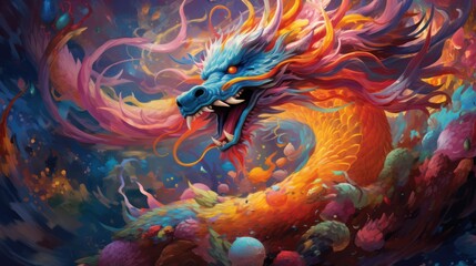 Fototapeta na wymiar a painting of a dragon with orange, yellow, and blue colors on it's head and body, in front of a dark background of red, blue, orange, yellow, orange, and pink, and yellow flowers.