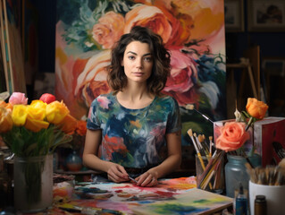 Fototapeta premium Portrait of a female artist in her vibrant studio, surrounded by her colorful creations