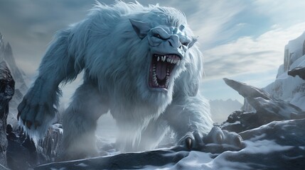 Glacial yeti description the glacial yeti is a towering ice creature that glistens with frost in 4K detail, watch as ice crystals form and shatter realistically as it moves through its frigid habitat. - obrazy, fototapety, plakaty