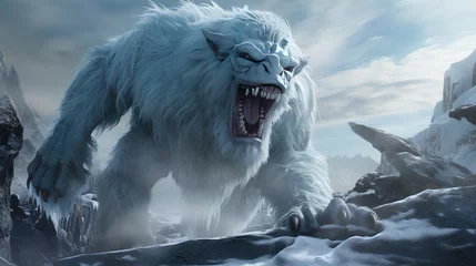 Gardinen Glacial yeti description the glacial yeti is a towering ice creature that glistens with frost in 4K detail, watch as ice crystals form and shatter realistically as it moves through its frigid habitat. © HM Design