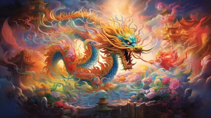  a painting of a dragon flying in the sky above a colorful cloud filled sky with clouds and a building in the foreground with a fountain in the foreground.
