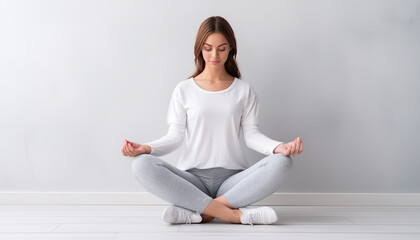 Fototapeta premium Graceful Woman Achieving Zen Balance: Serene Yoga Meditation for Ultimate Harmony and Tranquility in Studio Lifestyle