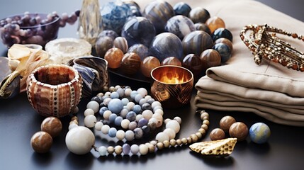  a table topped with lots of different types of beaded bracelets and bracelets on top of a table next to a cloth bag and a pair of bracelets. - obrazy, fototapety, plakaty