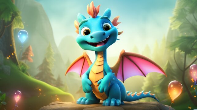  a blue dragon sitting on a rock in the middle of a forest with balloons floating in the air and a sky filled with stars and clouds behind it is smiling.