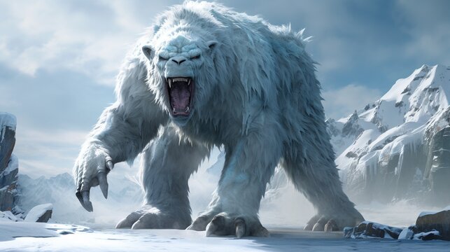 Glacial yeti description the glacial yeti is a towering ice creature that glistens with frost in 4K detail, watch as ice crystals form and shatter realistically as it moves through its frigid habitat.