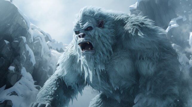 Glacial yeti description the glacial yeti is a towering ice creature that glistens with frost in 4K detail, watch as ice crystals form and shatter realistically as it moves through its frigid habitat.