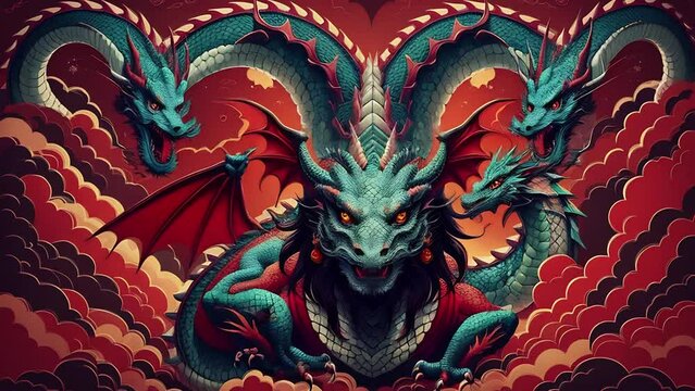 Eastern dragon in asian illustration style. Traditional Asian dragon in japanese retro style. Bright animation with illustrations transformations. AI generated video