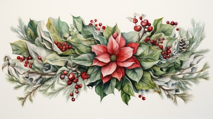 Obraz premium a painting of a christmas wreath with poinsettis, holly, pine cones, and pine cones with red berries and pine cones on a white background of green leaves.