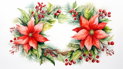  a watercolor painting of a christmas wreath with poinsettis, holly leaves, and berries on a white background with a place for text ornament.