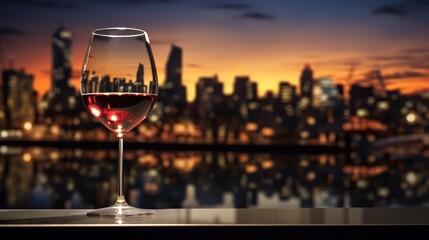  a glass of wine sitting on a table with a view of a city in the background of the glass is a red wine with a red wine in the foreground.