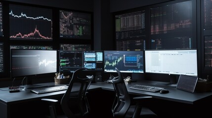 Naklejka premium Business Office of Financial Analyst Trader Investor Working on Computer with Multi-Monitor Workstation with Real-Time Stocks, Commodities and cryptocurrency Exchange Market Charts. 