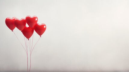  a group of red heart shaped balloons floating in the air on a foggy day with a white wall in the background and a white wall in the foreground.