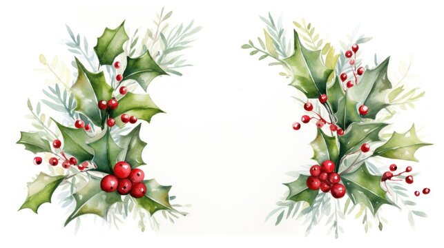  two christmas holly wreaths with red berries and green leaves on a white background with a place for a text or a picture or a clipping on a white background.