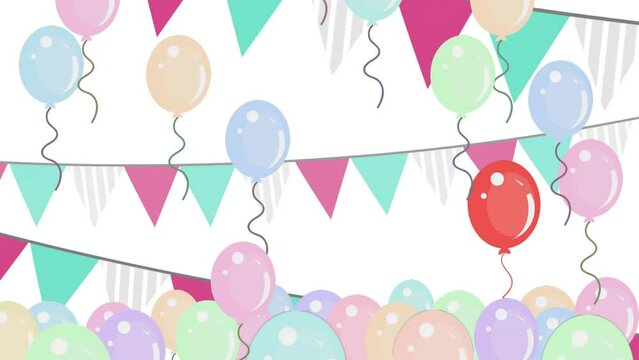 Animation of balloons and bunting with copy space on white background