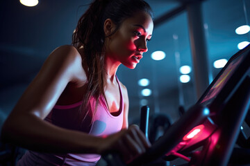 Fototapeta na wymiar In this close-up shot, a determined woman focuses on her cardio workout while using an exercise bike, showcasing her dedication to her health and overall wellbeing.