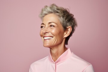 Portrait of a grinning woman in her 50s wearing a sporty polo shirt against a pastel pink...