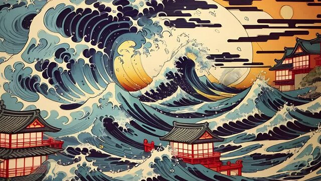 Ocean seascape with big waves in asian style. Nautical landscape with wavy azure water and houses in japanese retro style. Bright animation with illustrations transformations. AI generated video