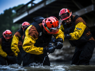 The United States firefighters work together