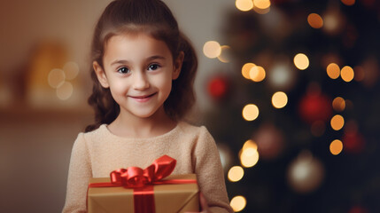 Fototapeta na wymiar This image features a smiling girl near a decorated Christmas tree, holding a gift box with joy.