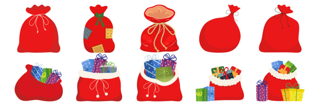 Red sack with Christmas gifts cartoon Santa bags filled with gift boxes on blank background vector illustration Happy New Year