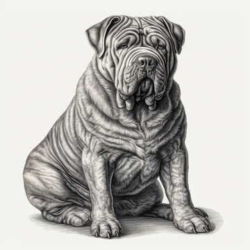 Shar Pei, engraving style, close-up portrait, black and white drawing, cute dog, favorite pet
