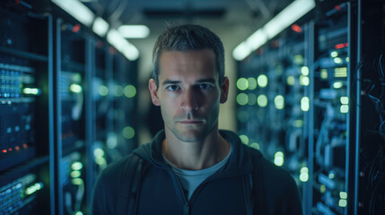 A male IT specialist in a server room, standing by computer racks and maintaining eye contact with the camera, professional photography