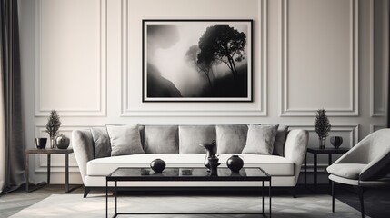 A monochromatic living room in grayscale, a single empty frame breaking the visual monotony.