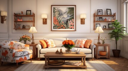 Wholesome family living room with comfortable furniture, playful patterns, and an untouched frame representing the heart of the home, ready for your family portraits.