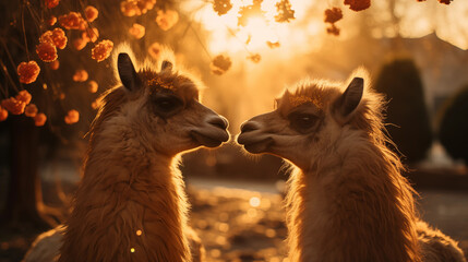 Valentine's day postcard, card. Couple lovery llamas on romantic date. Generative AI