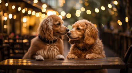 Valentine's day postcard, card. Couple lovery dogs on romantic date. Generative AI