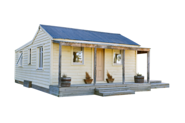 Cutout of an isolated wooden farmhouse in a rural area with the transparent png
