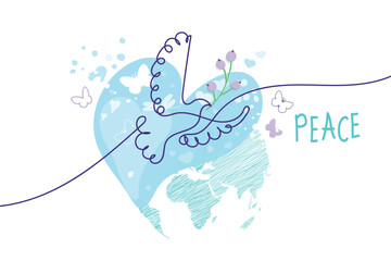 International Day of Peace. Bird, globe, flowers, heart continuous drawing. Concept of love, peace and kindness. Text. Vector
