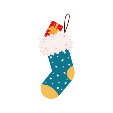 Colorful decorated Christmas socks, Christmas stockings, and sock-shaped bags for winter holiday design. Happy New Year