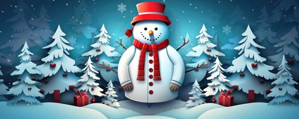 Snowman standing in witer snowy landscape, christmas greeting card banner illustration. Generative Ai. - obrazy, fototapety, plakaty