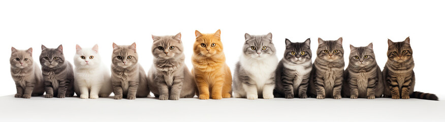 Cute cat kittens, sitting beside each other in order from dark to light color. All looking towards camera. Isolated on a white background.