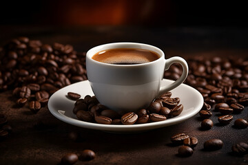 Gourmet Coffee Experience: Espresso Cup and Saucer, Coffee Beans Scattered on a Dark Wood Table