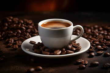 Fototapeta premium Gourmet Coffee Experience: Espresso Cup and Saucer, Coffee Beans Scattered on a Dark Wood Table