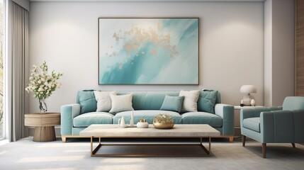 A serene living room in light turquoise, featuring minimalist wall art and cozy furnishings. The room is a haven of peace, inviting you to unwind and enjoy quiet moments of reflection.