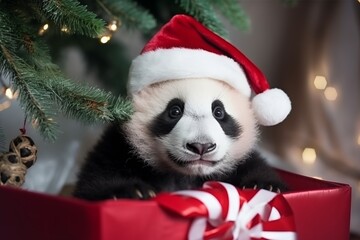 a cute baby panda wearing a santa claus hat under a christmas tree