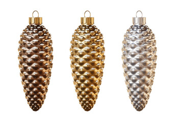 Brown, golden and silver Christmas tree ornaments. Set of three spruce cones covered with snow. Festive toys isolated on a transparent background. 3d render.