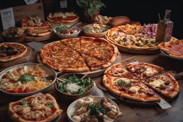 Table full of different types of pizza. Pizza party for friends or family. A lot of Fast, high calorie unhealthy food. Italian cuisine concept.