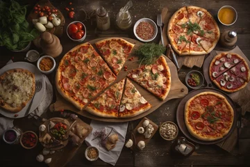 Foto op Plexiglas Table full of different types of pizza. Pizza party for friends or family. A lot of Fast, high calorie unhealthy food. Italian cuisine concept. © Ilia