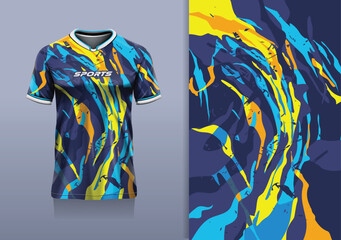 Tshirt mockup abstract grunge sport jersey design for football soccer, racing, esports, running, blue yellow color
