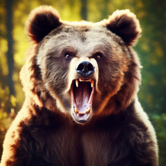 Photo of a Shocked angry bear on nature background. ai generative