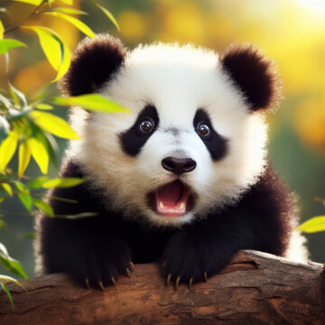 Photo of a Shocked cute panda on nature background. ai generative