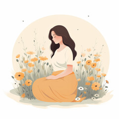 Happy pregnant woman holding her belly. Flat illustration
