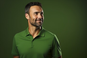 Obraz premium Portrait of a smiling man in his 30s wearing a breathable golf polo against a soft green background. AI Generation