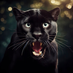 Photo of a Shocked real angry black puma on dark nature bokeh background. ai generative