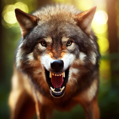 Naklejka na ściany i meble Photo of a Shocked real angry wolf on nature bokeh background. ai generative